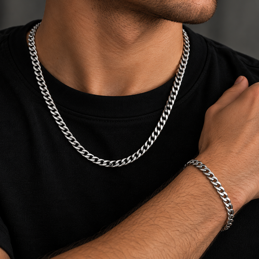 5mm Cuban Chain & Bracelet Gift Set - (Silver)