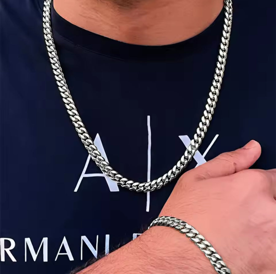 5mm Cuban Chain & Bracelet Gift Set - (Silver)