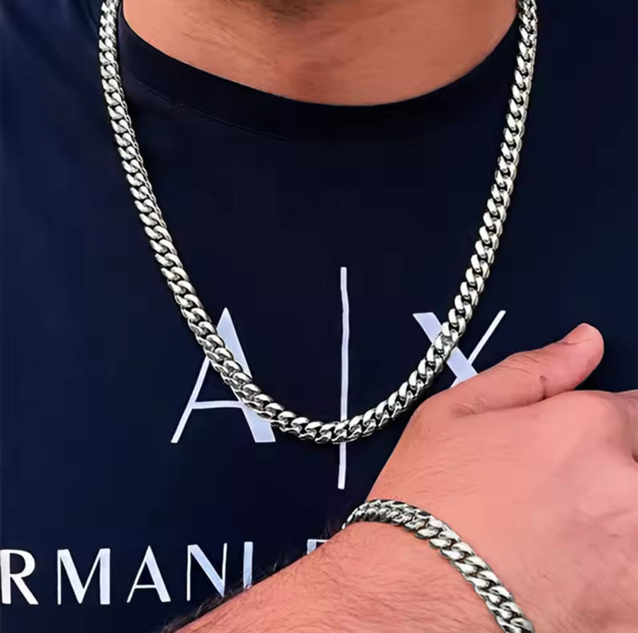 5mm Cuban Chain & Bracelet Gift Set - (Silver)