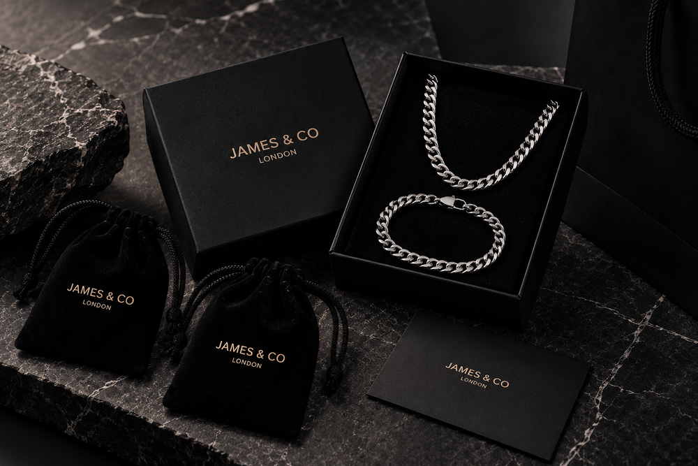 James & Co silver chain and bracelet with premium packaging