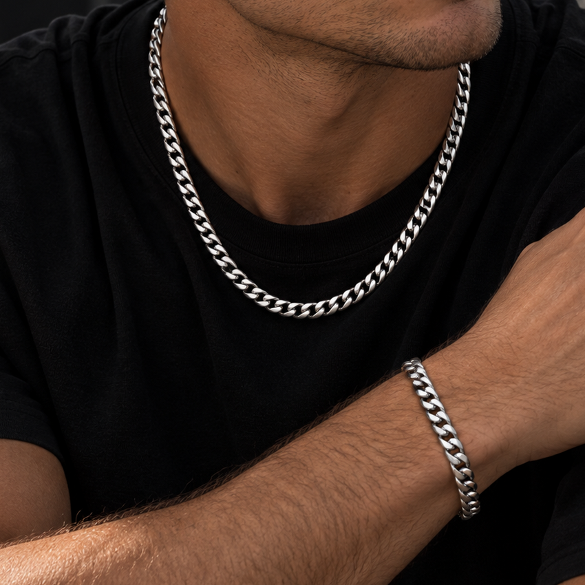 7mm Cuban Chain & Bracelet Gift Set (Silver)