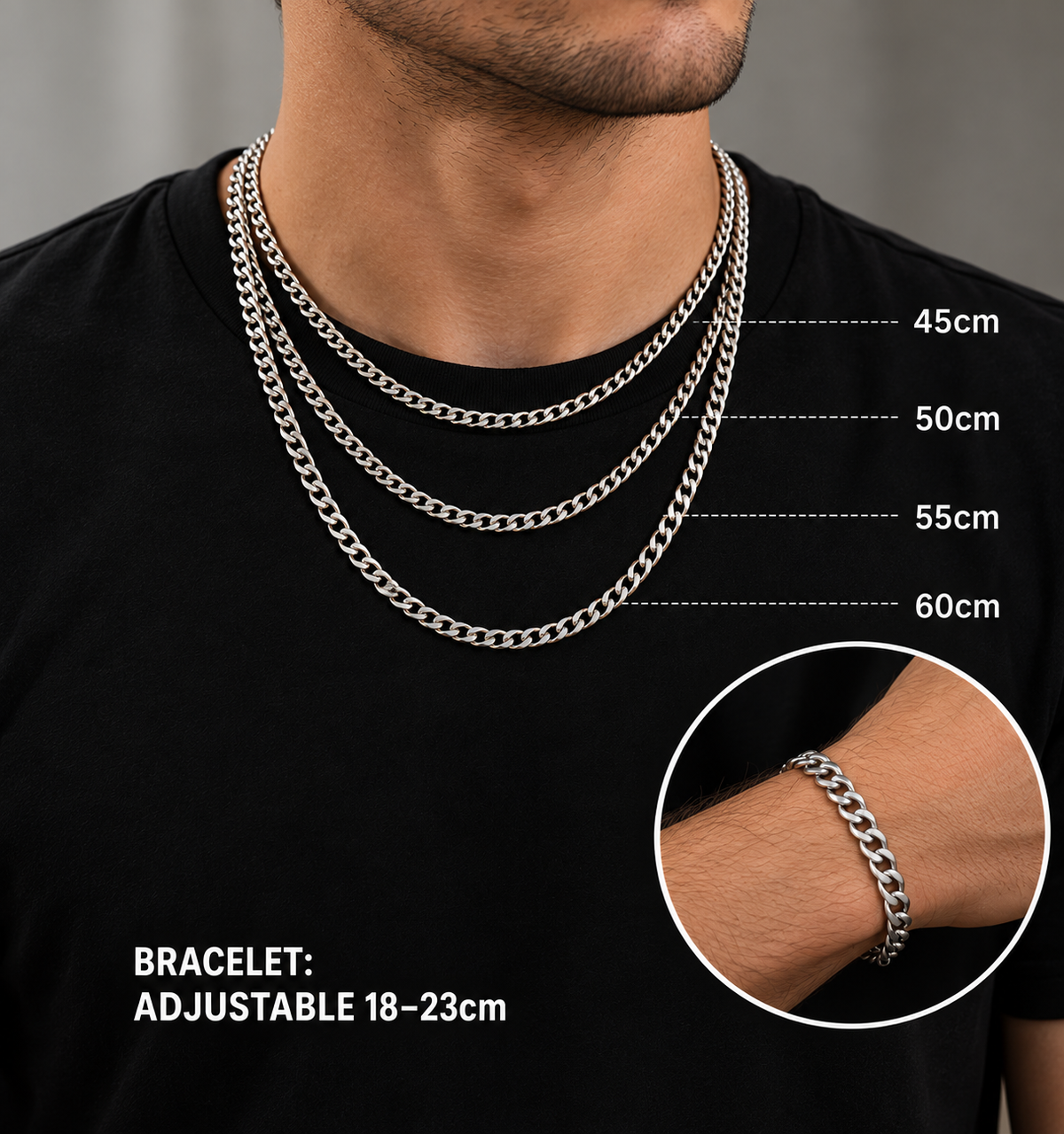 5mm Cuban Chain & Bracelet Gift Set - (Silver)