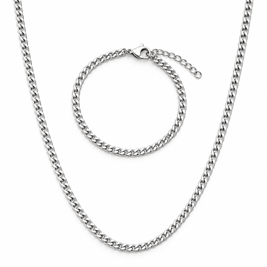 5mm Cuban Chain & Bracelet Gift Set - (Silver)