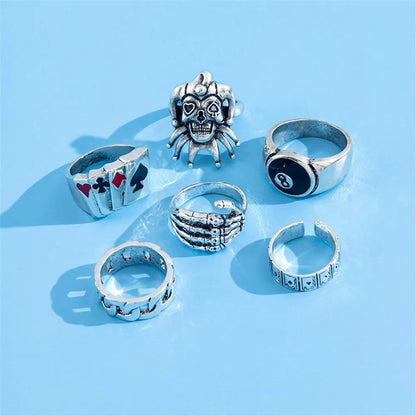 6-Piece Punk Poker Silver Rings Set for Men