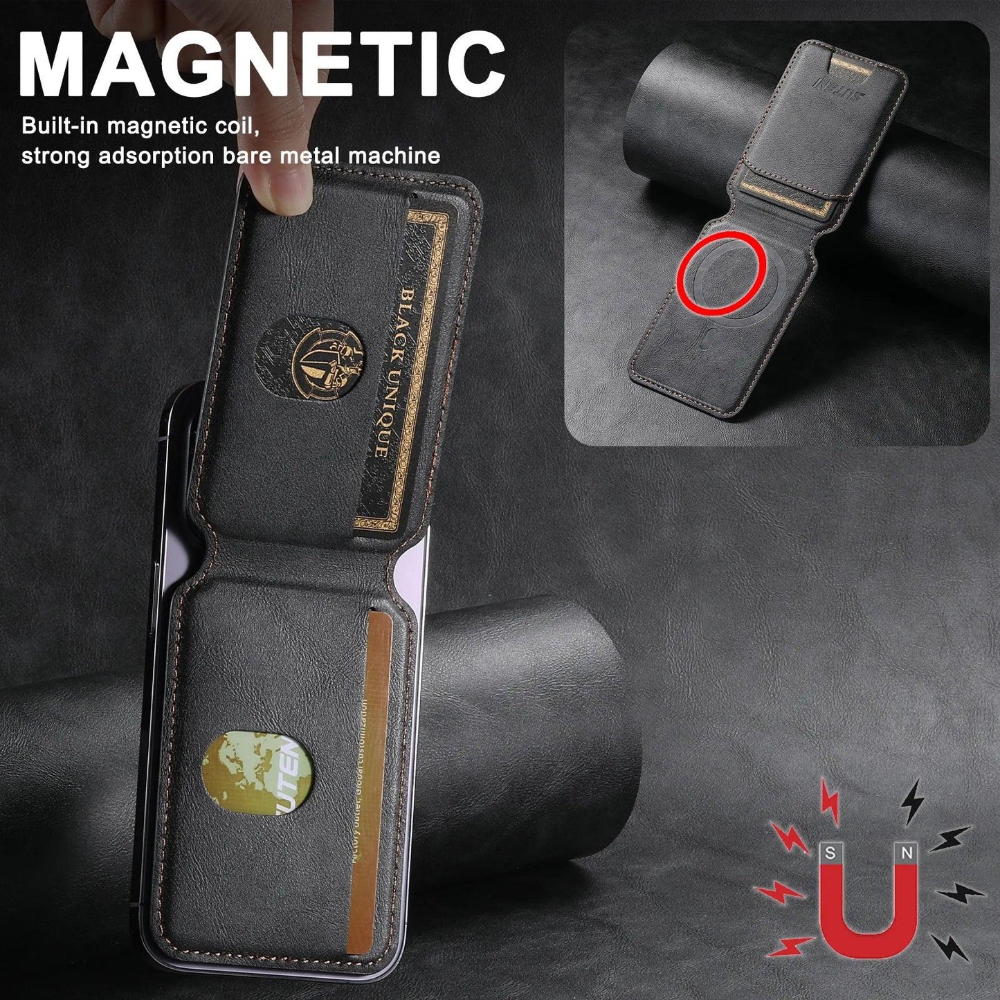 Magnetic Wallet for iPhone 15/14/13/12 (Excludes 13/12 Mini) - MagSafe Compatible, Vegan Leather, Adjustable Stand, 3 Card Holder - Black