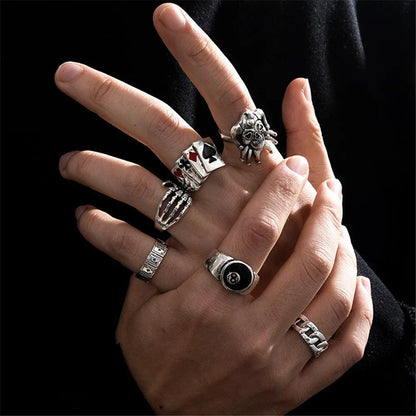 6-Piece Punk Poker Silver Rings Set for Men