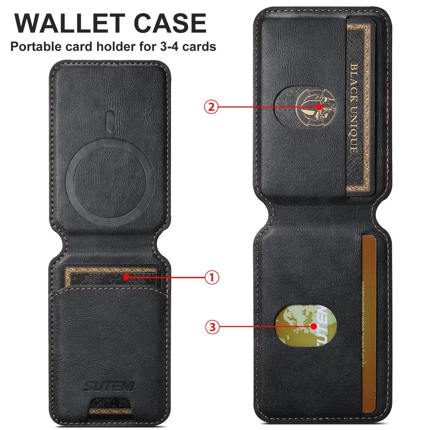 Magnetic Wallet for iPhone 15/14/13/12 (Excludes 13/12 Mini) - MagSafe Compatible, Vegan Leather, Adjustable Stand, 3 Card Holder - Black