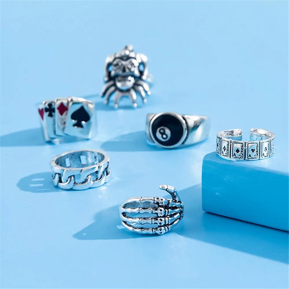 6-Piece Punk Poker Silver Rings Set for Men