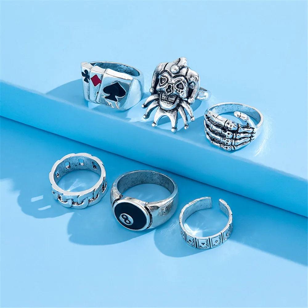 6-Piece Punk Poker Silver Rings Set for Men