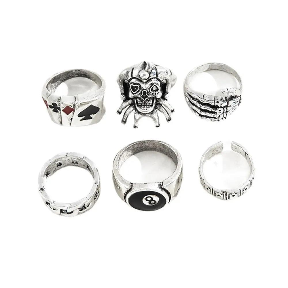 6-Piece Punk Poker Silver Rings Set for Men