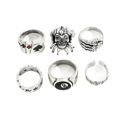 Ensemble de 6 bagues Punk Poker en argent pour hommes 